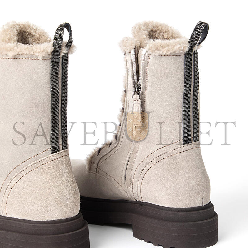 BRUNELLO CUCINELLI SHINY SUEDE ANKLE BOOTS WITH EMBELLISHED HEEL TABS AND SHEARLING SHEEPSKIN LINING 252MZSFG3123